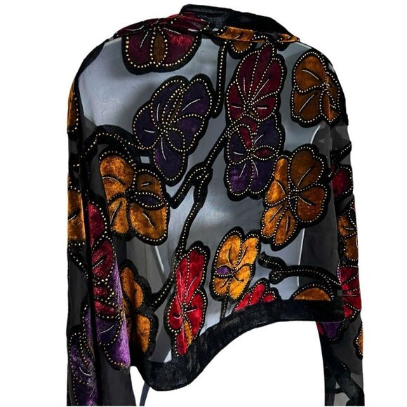 Black Velvet Scarf/Shawl Shoulder Cover Up Rectangle W/Fringe Floral Beaded - Picture 7 of 10